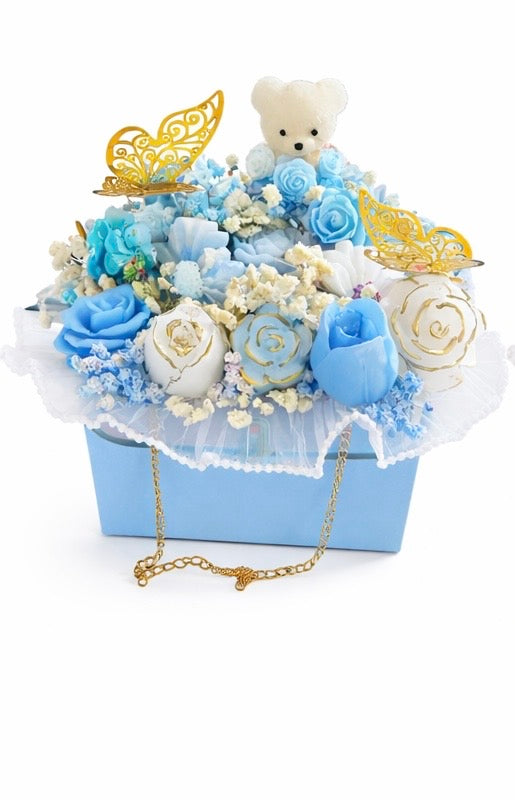 Artificial Rose Flower Box Arrangement with Bear & Butterfly Decor