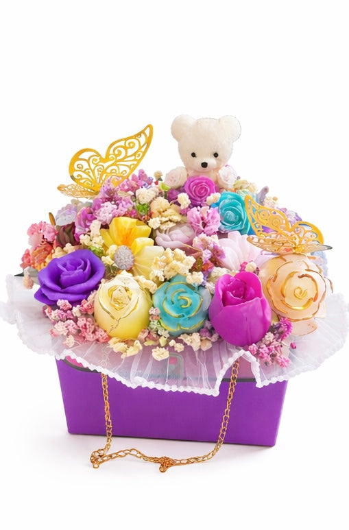 Artificial Rose Flower Box Arrangement with Bear & Butterfly Decor