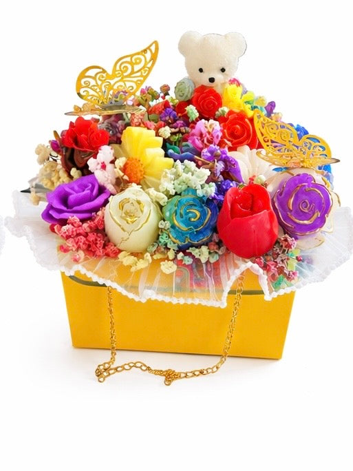 Artificial Rose Flower Box Arrangement with Bear & Butterfly Decor
