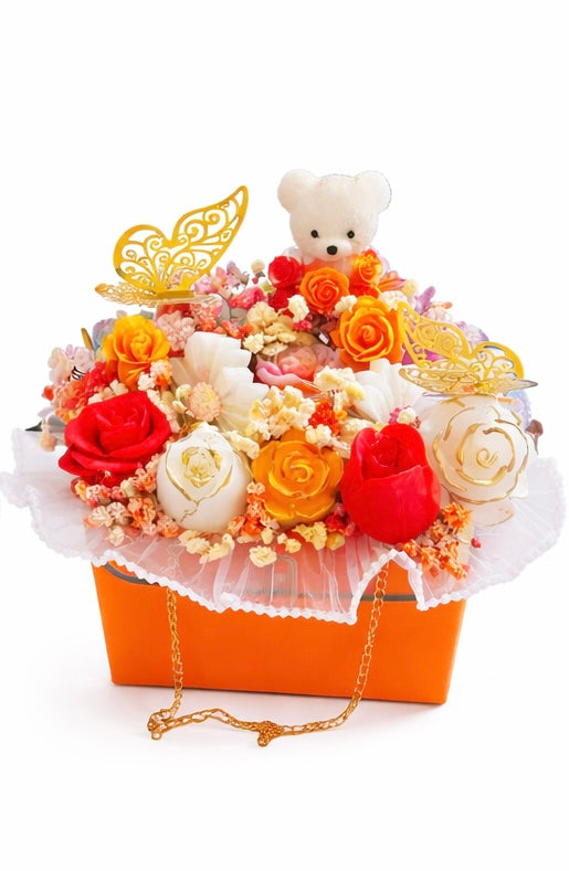 Artificial Rose Flower Box Arrangement with Bear & Butterfly Decor
