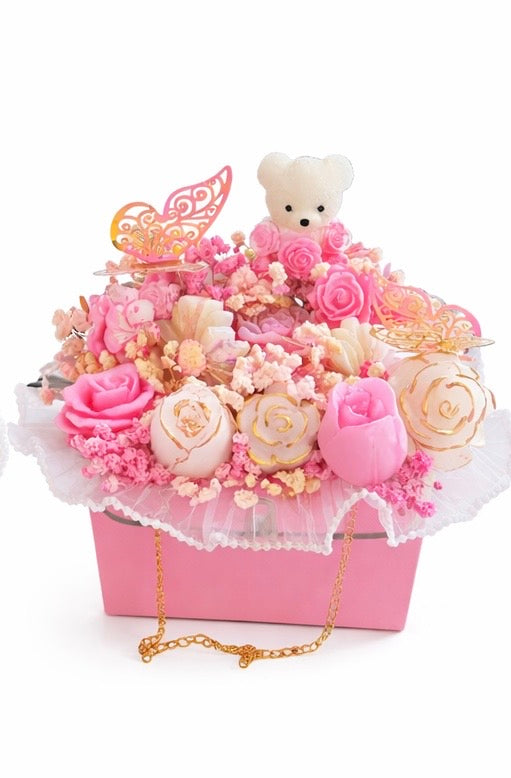 Artificial Rose Flower Box Arrangement with Bear & Butterfly Decor